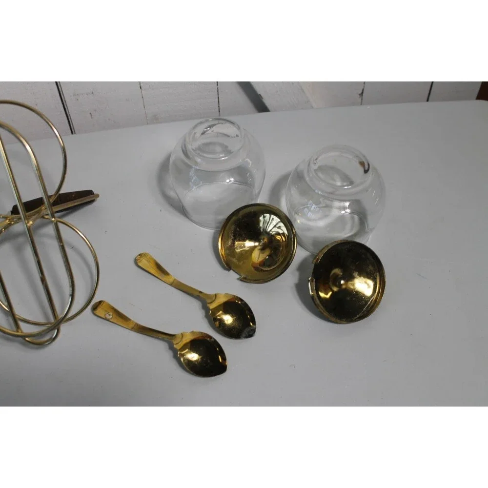 Mid Century Condiment Set Wire Rack Libby Glass Lid/Spoons, Jam, Relish Sauces